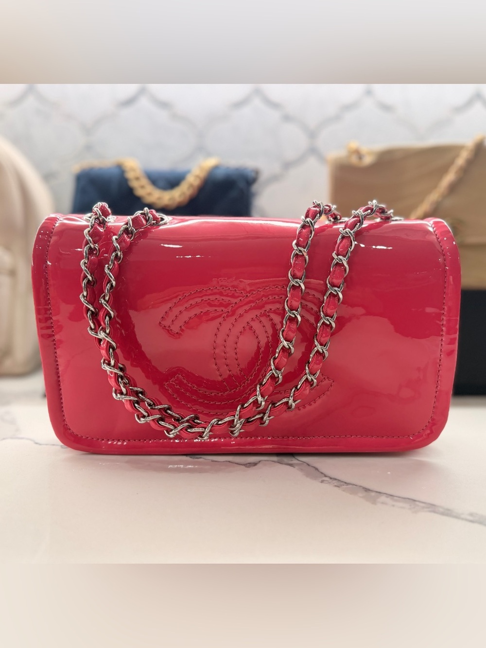 CHANEL Pink Patent Leather Small Flap Shoulder Bag